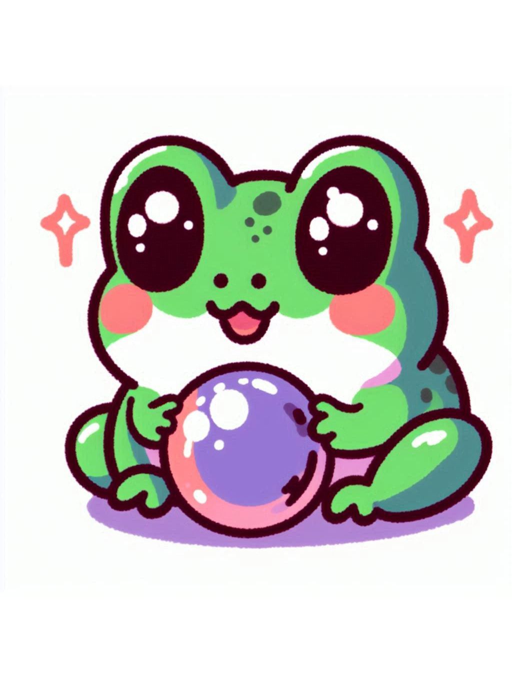 halloween frog drawing ideas. A charming green frog with large, sparkly eyes holds a mystical purple orb surrounded by pink stars, illustrating creative Halloween fun
